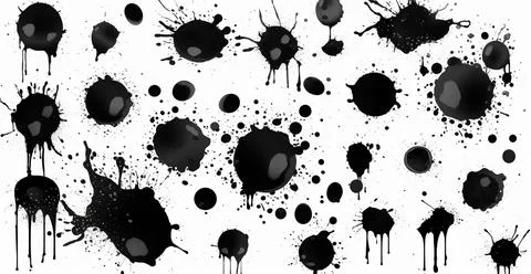 Splashes, drops, a set of black blots. Set of raster icons of liquid elements - Stock Photos