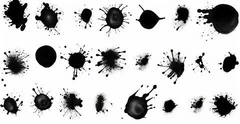 Splashes, drops, a set of black blots. Set of raster icons of liquid elements - Foto stock