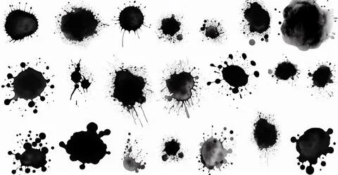 Splashes, drops, a set of black blots. Set of raster icons of liquid elements - Stock Photos