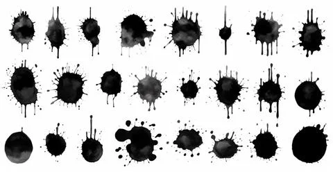 Splashes, drops, a set of black blots. Set of raster icons of liquid elements - Foto stock