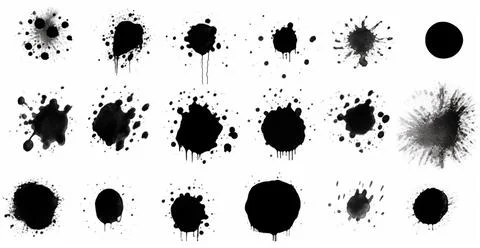 Splashes, drops, a set of black blots. Set of raster icons of liquid elements - Stock Photos
