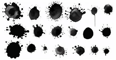 Splashes, drops, a set of black blots. Set of raster icons of liquid elements - Stock Photos