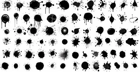 Splashes, drops, a set of black blots. Set of raster icons of liquid elements - Stock Photos