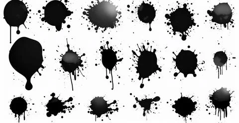 Splashes, drops, a set of black blots. Set of raster icons of liquid elements - Stock Photos