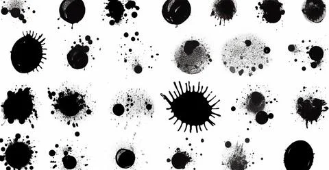 Splashes, drops, a set of black blots. Set of raster icons of liquid elements - Stock Photos