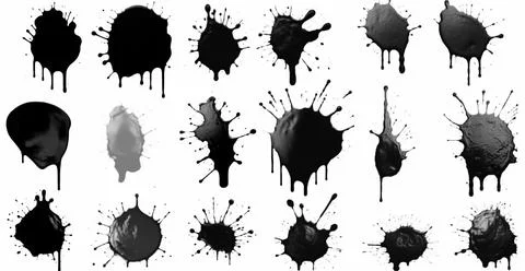 Splashes, drops, a set of black blots. Set of raster icons of liquid elements - Stock Photos
