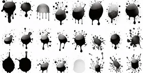 Splashes, drops, a set of black blots. Set of raster icons of liquid elements - Stock Photos