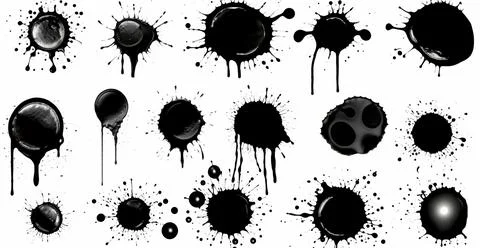 Splashes, drops, a set of black blots. Set of raster icons of liquid elements - Stock Photos