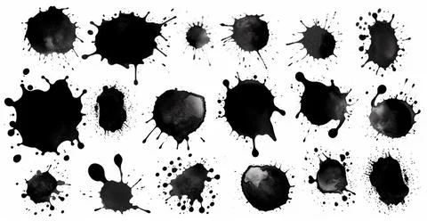 Splashes, drops, a set of black blots. Set of raster icons of liquid elements - Foto stock