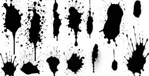 Splashes, drops, a set of black blots. Set of raster icons of liquid elements - Stock Photos