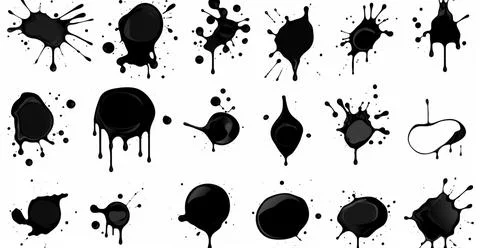 Splashes, drops, a set of black blots. Set of raster icons of liquid elements - Foto stock