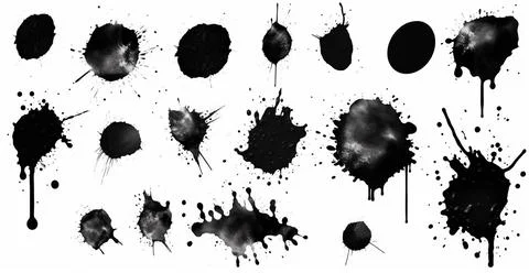 Splashes, drops, a set of black blots. Set of raster icons of liquid elements - Stock Photos