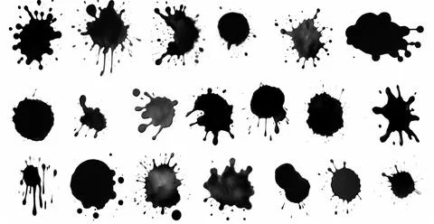 Splashes, drops, a set of black blots. Set of raster icons of liquid elements - Stock Photos