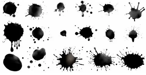 Splashes, drops, a set of black blots. Set of raster icons of liquid elements - Stock Photos