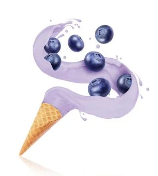 Splashes of ice cream with blueberry splashed out of a waffle cup Stock Photos