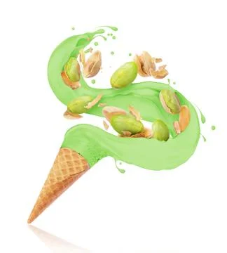 Splashes of ice cream with pistachios splashed out of a waffle cup Stock Photos