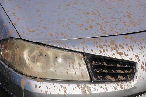 Splashes of mud. Close up of a dirty headlight of gray car with muddy splash. Stock Photos