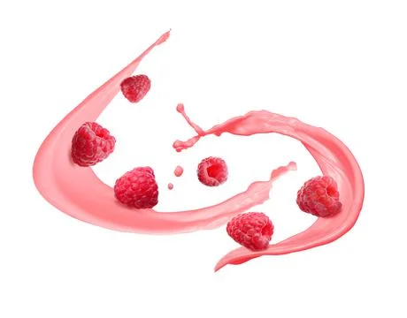 Splashes of tasty raspberry yogurt and fresh berries on white background Stock Photos