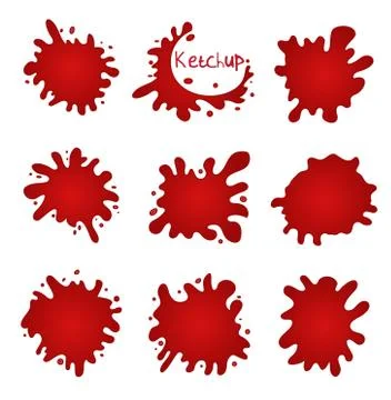 Splashes of tomato, stains and drops of ketchup. Tomato paste, juice spray. Red Stock Illustration