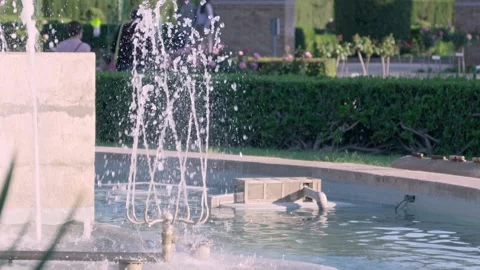 Splashes of water dance in a serene garden fountain Stock Footage 308812770