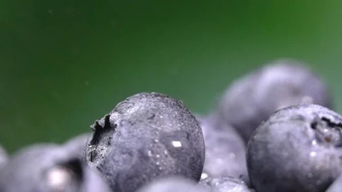 Splashes of water droplets. Water falling on blueberries in slow motion Vidéo 248900957