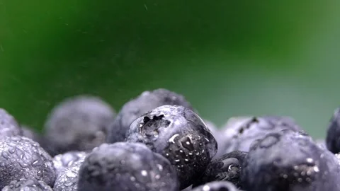 Splashes of water droplets. Water falling on blueberries in slow motion Vídeos de archivo 248901225