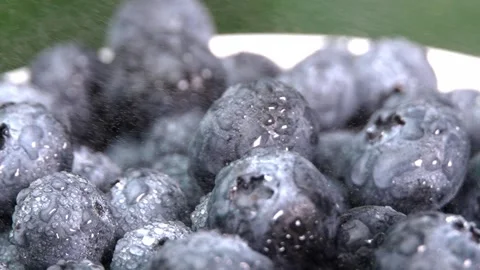 Splashes of water droplets. Water falling on blueberries in slow motion Stock Footage 248901680