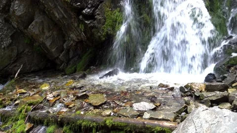 Splashes from the waterfall fall on rocks, logs. Video stock 160675742