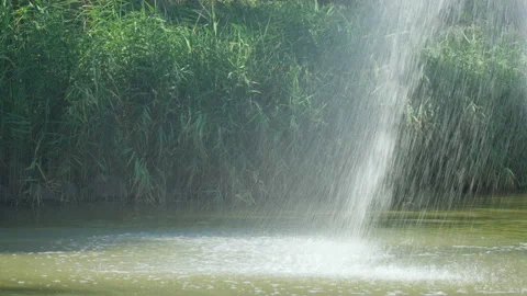 Splashes from waterfall fall on surface of small lake Video stock 202282635