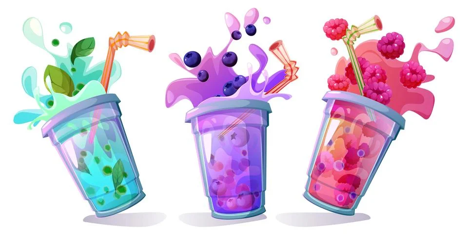 Splashing bubble tea set isolated on white Stock Illustration