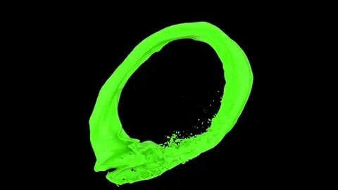 Splashing ring of green paint forms ball - on black, alpha included (FULL HD) Video stock 82453587