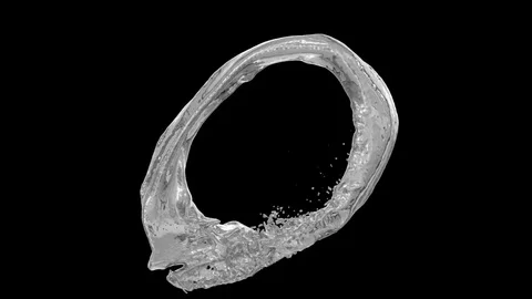 Splashing ring of liquid bright metal forms ball - on black, + alpha (FULL HD) Video stock 84973633