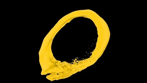 Splashing ring of yellow paint forms ball - on black, alpha included (FULL HD) Video stock 82457253