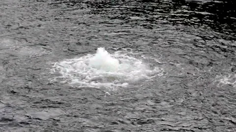 Splashing water surface with visible bubbles and ripples in dark daylight Видео 313654098