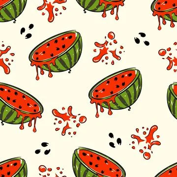 Splashing watermelons on a light background hand drawn vector seamless pattern Stock Illustration