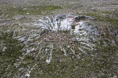 The splatter pattern of guano around an Adelie Penguins nest on Beagle Island Stock Photos