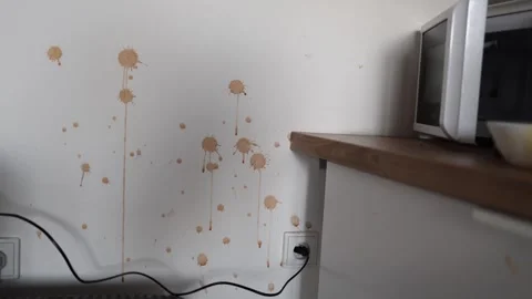 Splattered stains on a kitchen wall below a countertop. A visual mess from a coo Stock Footage 304884544