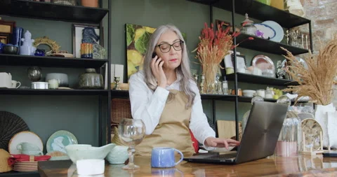Splendid confident concentrated grey-haired senior woman talking on phone Stock Footage 143977284