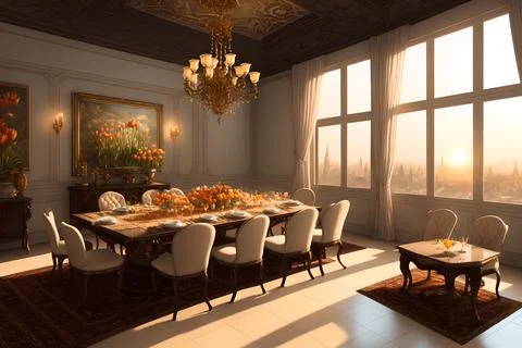 Splendid royal dining hall with classic European decor, AI generated Stock Illustration