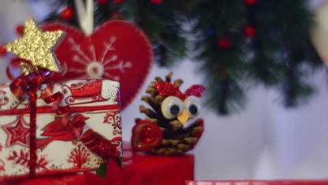 Splendid Set of Slide Cards is Hung on Christmas Fir Tree and Looks Great Among Stock Footage 72880415