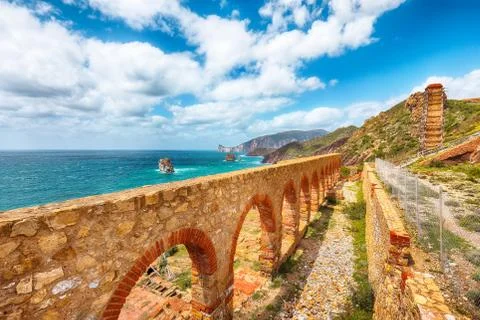 Splendid spring view of ancient ruins of Laveria Lamarmora (Miniera di Nebida Stock Photos