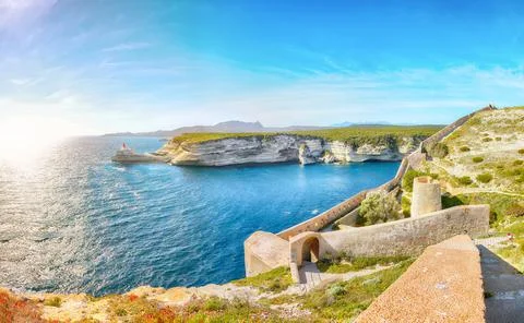 Splendid view of lighthouse near old town Bonifacio. Stock Photos