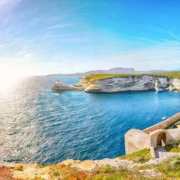 Splendid view of lighthouse near old town Bonifacio. Stock Photos