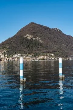 Splendid view of monte isola facing the blue waters of lake iseo Stock Photos