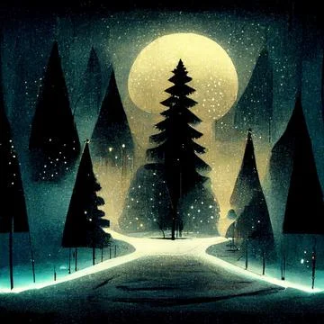 Splendid view of snow-capped spruces on a frosty evening. Fabulous nature dig Stock Illustration