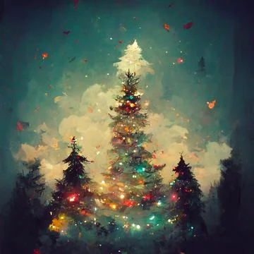 Splendid view of snow-capped spruces on a frosty evening. Fabulous nature dig Stock Illustration