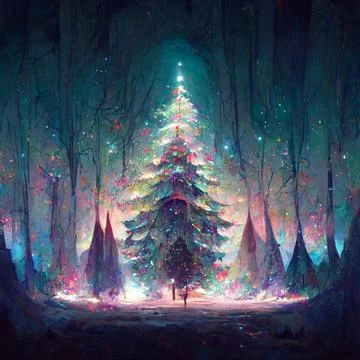 Splendid view of snow-capped spruces on a frosty evening. Fabulous nature dig Stock Illustration