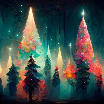 Splendid view of snow-capped spruces on a frosty evening. Fabulous nature dig Stock Illustration