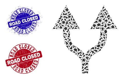 Split Arrows Up Mosaic of Shards with Road Closed Textured Seals Stock Illustration