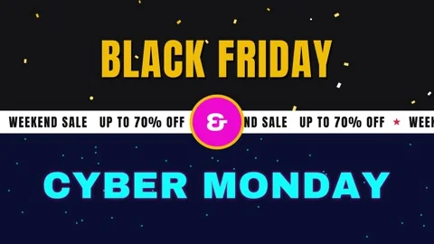 Split banner with Black Friday and Cyber Monday halves and a weekend sale ticker Stock Footage 348330612